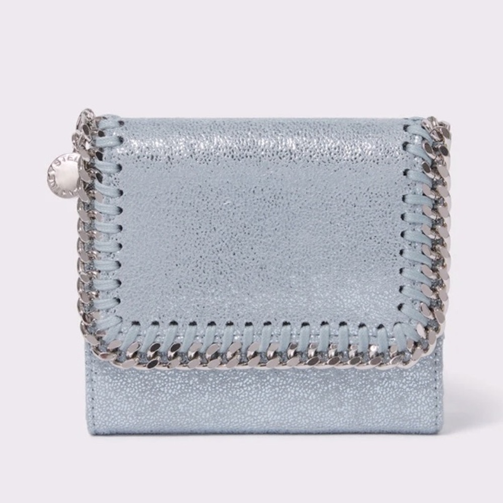 Stella McCartney Light Blue Metallic Chain-Trim Compact Wallet